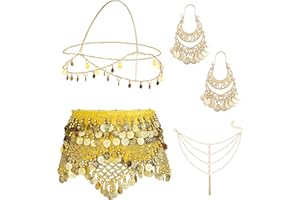 Kakonia 4 Sets Bauchtanz-Accessoires für Frauen, Bauchtanz-Hüfttuch, Wickelgürtel, böhmische Goldmünzen-Ohrringe, Kopfbedeckung, Haarkette, Quaste, Fußkettchen-Armband für Frauen