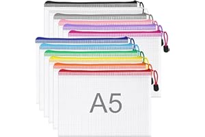 WISYOK 12pcs A5 Plastic Wallets Zip, Zip Lock Bags Mesh, Plastic Folders, Document Wallets, Zip Folders, Zipper File Bags for Office, School, Travel, Home (23.5x16.5cm, 12 Colors)