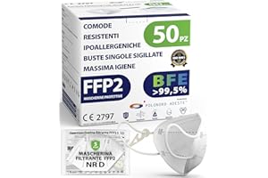 POLONORD ADESTE ADESTE - 50 Mascherine FFP2 NR D Bianche Certificate CE, Filiera controllata, anallergiche, con elastici comodi e resistenti. Sicura: capacità filtrante >99,5%, Buste singole sigillate