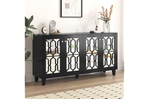 Becag Sideboard Schwarz, Anrichte Küchenschrank mit 4 Spiegeltüren, Buffetschrank Cabinet Sideboard mit Arbeitsplatte Wohnzimmer Küche, mit beweglichem Laminat, Kristallgriffen, 160x40x84 cm, Schwarz