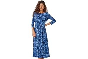 Roman Originals Gathered Dress with Pockets for Women UK - Ladies Maxi Midi Round Neck Elasticated Waistband High Waisted Bohemian Boho Festival Holiday Frock