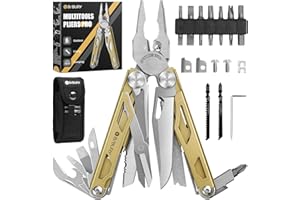 BIBURY Multiherramienta de Alicates, Navaja Multiusos de Acero Inoxidable con Tijeras y Juego de Destornilladores, Portátiles Alicates Plegables para la Trabajo Exterior, Camping- Pro- Titanio- Oro