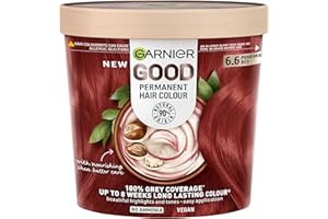 Garnier GOOD Permanent Hair Dye, 6.6 Pomegranate Red. Guarantees 100% grey coverage and 8-week colour. No ammonia, vegan shea butter formula ensures rich, vibrant red for all hair types.