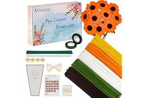 Vincona Lot de 400 cure-pipes à fleurs pour le bricolage (5 couleurs) avec 20 tiges de fleurs, ruban, étamines et emballage de bouquet pour bouquet de fleurs, bricolage, jaune