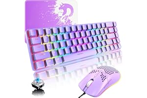 ZIYOU LANG Tastiera e Mouse RGB Gaming Cablate, 68 Tasti Switch Blu 60% Mini Tastiera Meccanica, Topo Programmabile Leggero Favo da 6400 DPI, Cavo da USB a Tipo C, Compatibile con Windows Mac PC PS4 XBox, Viola