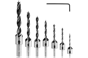 JSMTKJ 7pcs Foret Bois avec Fraise en Acier, Foret Fraisé à Chanfrein Conique 5 Flûte Alésoir de Menuiserie Hélicoïdal, Mèche à Fraiser par Simple Desserrer et Resserrer la vis