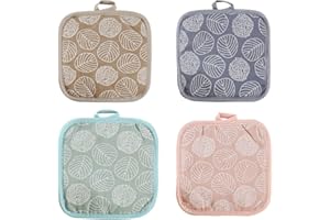 TSLRSA Presine da cucina, 4 presine da cucina, in cotone e lino, resistenti al calore, presine da cucina, antiscivolo, con fori di sospensione per forno, piatto, ciotola (motivo foglio)