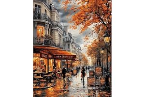 NEWENMO Strade di Parigi Dipingere con i Numeri Adulti,Paesaggio Urbano Paint by Numbers Kit,Dipingi con i Numeri Adulti,Foglie Autunnali Pittura con Numeri,per Decora Casa(40x50cm,Senza Cornice)