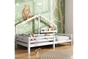 ‎MERAX Merax Kinderbett 90x200cm mit Rausfallschutz, Kinder Hausbett mit Ablageregal, Stabiles Holz Baumhausbett mit Lattenrost, Spielbett für Jungen & Mädchen, Weiß