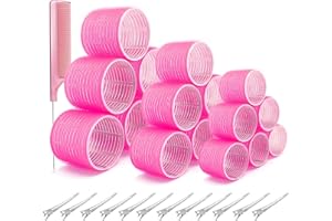 WOODFIB Juego de rizadores de 31 piezas, 18 rizadores de autoagarre, incluye 64 mm, 44 mm, 36 mm, 12 pinzas para el cabello, 1 peine para peinados largos, medianos y cortos (rosa)