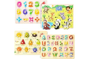 Qohuooi Wooden Peg Puzzle for Toddlers 3 4 Years Old, 4 PCS Montessori Educational Learning Puzzles Set-Numbers, Letters, Animals and Fruits, Great Preschool Gifts for Girls and Boys