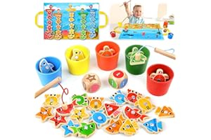 ZippyZoom Wooden Toddler Toys Fishing Game: Montessori Sensory Toys for 1 2 3 Year Old Boys Girls - Birthday Baby Gifts for 1 2 3 Year Olds - Color Sorting Shape Learning for Kids