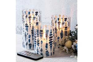 Eywamage Blue Pattern Glass Flameless Candles with Remote, Flickering Battery LED Pillar Candles Set of 3