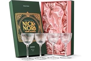GLASSIQUE CADEAU Copas de Cóctel Art Déco Pequeñas Nick y Nora | Juego de 4 | 150 ml | Cristalería Acanalada para Martini, Manhattan, Cosmopolitan, Cócteles Clásicas | Cupés de Cristal Retro