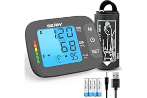 SEJOY Tensiomètre Tensiometre Bras Professionnel Électronique, Appareil pour La Tension, Intelligent Précise, Détection Automatique d'Hypertension, Brassard Adjustable, 120 Mémoire, LCD écran, Batterie USB