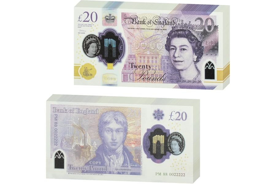 Mecool 5.47 x 2.87" 100 Pcs £20 Pounds Bills Pretend Cash | Fake Money for Movie, Videos, Magic or Board Game | Prop Money UK Fake Notes | Play Shop Accessories