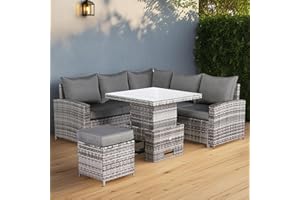 Club Rattan High Back Rattan Garden Compact Corner Sofa Set with Rising Table In Grey Weave
