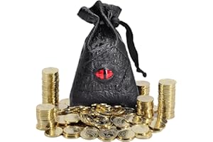 CZYY DND Fantasy Coins 50 Antique Gold Metal Treasure – Token con custodia in pelle – Borsa da gioco, accessori e oggetti di scena per dungeon e draghi, piani da tavolo, tavola o gioco di carte, LARP e
