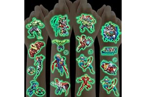 SUNYOVIME Avengers Tatouage Enfant,12 Feuilles Super Héros Tatouage Ephemere Enfant Lumineux,Faux Tatouage Enfant pour Garçon Fille,Cadeau Anniversaire Enfants Invites décoration de fête Petit Cadeau Pinata