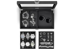 Vlando Scatola per orologi con decekel, scatola per orologi da uomo, contenitore per gioielli, vetrina multifunzione con 6 cuscini per orologi