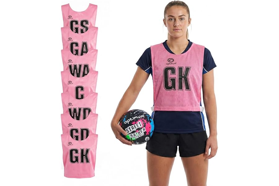 Optimum Netball Bibs - Full 7-Player Position Training Bib Pack - Lightweight Mesh, Junior & Senior Sizes, Ideal for Schools, Clubs & Team Training