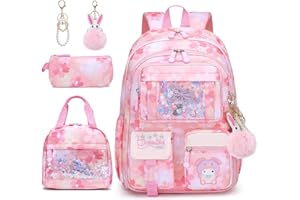 HANXIUCAO Cartable Fille Primaire - Sac a Dos Stitch, Kawaii Léger Sac Ecole Fille 6-11 Ans | CP CE1 CE2 CM1 CM2
