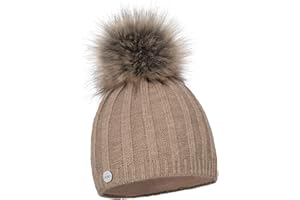 ELIMELI® - Berretto invernale da donna, in lana e cashmere, con pompon in pelliccia sintetica, lavorato a maglia, prodotto in UE