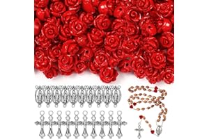 SUREIO 140 Pcs Carved Rose Bead Rosary Cross Centerpiece Crucifix Medal, 8 mm Rose Flower Charm Beads Rosary Making Supplies Silver Jesus Maria Pendant for Rosary Bracelet Necklace Jewelry