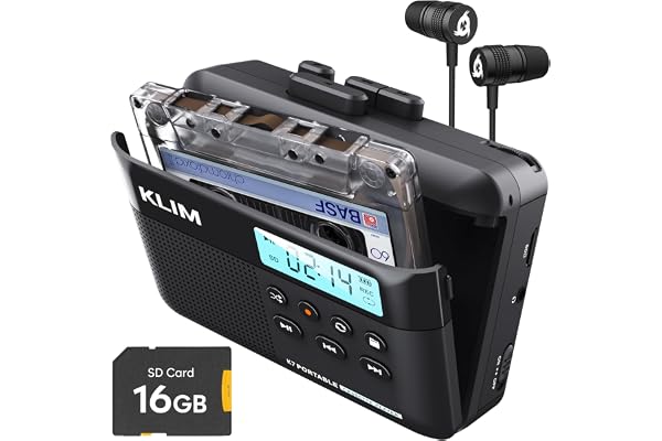 Cassette Player KLIM K7 avec écouteurs F1 - Lecteur Cassette Audio - Convertisseur Audio en MP3 - Microphone et Haut-Parleur intégrés - Batterie Rechargeable - Ecouteurs - Carte SD 16GB - Noir