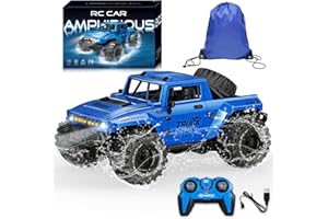 BORSTOYPRO Automóvil anfibio a control remoto, 1:16 Juguetes de camión monstruo impermeables RC con mochila, vehículo de acrobacias todo terreno con rotación de 360° con luz LED para niños