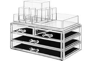 ‎SONGMICS SONGMICS Make-up Organizer, Kosmetik-Organizer mit 4 Schubladen und 11 Fächern in unterschiedlichen Größen, rutschfeste Einlagen, für Schminke und Schmuck, transparent JKA001TP