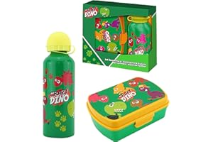 SRV Hub® Fiambrera con personaje de dibujos animados para niños con botella de agua deportiva de aluminio, fiambrera de plástico de 18 cm, botella de agua de 500 ml (juego de fiambrera Crazy Dino)