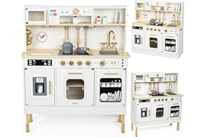 Mamabrum Wooden Play Kitchen, Children's Play Kitchens & Toddler Set, Playset for Kids 3+ with LED Lights, Interactive Toy with Microwave, Dishwasher, Coffee Machine, Oven, Sink & Accessories