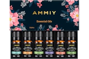 AMMIY Essential Oils Set of 6 x 10ml for Aromatherapy Bath Spa Diffuser Fragrance Relaxing Scent, Pure, Natural, Vegan Oils Including Eucalyptus, Lemon, Peppermint, Lavender, Sweet Orange, Tea Tree