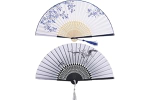 HOTOP 2 Pieces Folding Fans Handheld Fans Bamboo Fans with Tassel Women's Hollowed Bamboo Hand Holding Fans for Wall Decoration, Gifts (Blue Rose and Black Cherry Pattern)