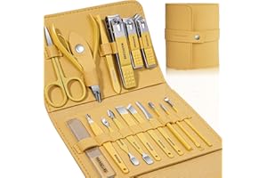 Leipple 16-teiliges Maniküre-Set aus Edelstahl, Pediküre-Set, professionelles Pflegeset mit tragbarer Ledertasche, für Frauen und Männer, Geschenk für Nägel (gelb)
