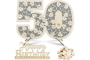 BOFUNX Libro Firmas de Visitas para Cumpleaños 50 Años Tarjeta Felicitación de Madera+80pcs Corazones para Escribir+Letrero de Número 50 Happy Birthday Regalo Feliz Cumpleaños Decoración Mesa Hogar