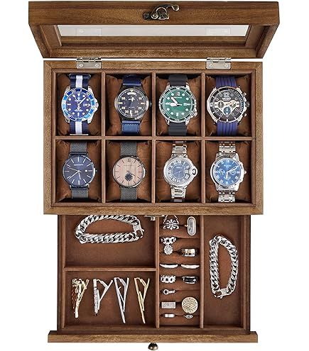 Uten Porta Orologi a 6 Scomparti, Scatola per Orologi in PU con Coperchio in Vetro, Fodera Nero Uten Porta Orologi a 6 Scomparti, Scatola per Orologi in PU con Coperchio in Vetro, Fodera Nero