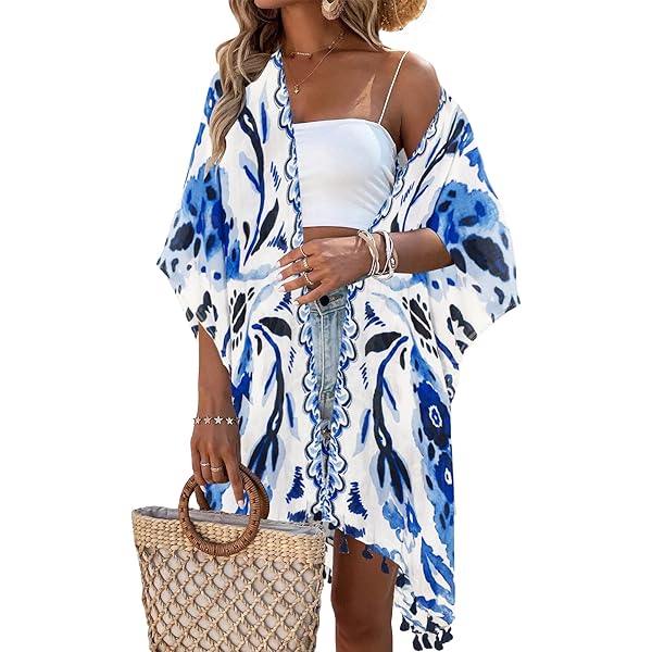 Kimono, dames, lang, gebloemd, ochtendjas, cover-up, strand, bikini
