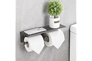 HANFU Porta Carta Igienica, Alluminio Doppio Portarotolo Carta Igienica con Ripiano, Porta Rotolo Carta Igienica Rotoli Cartaigienica da Parete Autoadesivo Senza Foratura per Bagno Cucina 31cm, Grigio
