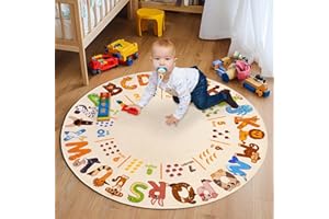GthreeD Round Play Rug Alphabet Animals,Soft & Non-Slip Machine Washable,Ideal for Educational Game Learning Exploration Perfect for Nursery Living Room Study Playroom Decor,Round 120cm