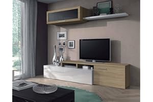 Dmora - Parete attrezzata Chino, Mobile soggiorno porta TV, Composizione salotto reversibile, Set salotto ad angolo, 200x41h44 cm, Rovere e Bianco lucido