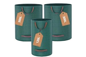 MOEM&AN Pack 3 Sacos de Jardín Resistentes 2x300L y 1x120L con Asas | Saco Reutilizable Plegable Apilable para Hojas Asas Reforzadas | Diferentes tamaños