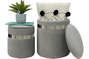 IlGruppone Set di 2 Pouf Contenitori in Velluto Design Moderno Poggiapiedi,Tondo con Coperchio Rimovibile e Seduta Imbottita - Grigio Scuro
