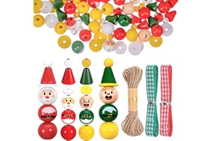 Zourglow 150 Piezas Cuentas de Madera de Navidad para Manualidades, 20 mm Cuentas de madera con agujeros, Cuerda de Cáñamo de 10 m, para Adornos y Decoraciones artesanales DIY de Navidad