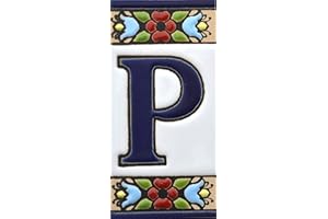 Art Escudellers Insegna con Numeri e Lettere Fatte di Piastrelle di Ceramica dipinte a Mano con la Tecnica cuerda seca, Nomi indirizzi e segnaletica. Disegno Flores Mini 7,3 cm x 3,5 cm (Lettera P)