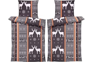 one-home Winter Biber Bettwäsche Baumwolle Kuschelig Flauschig Warme Weiche Bettbezüge Modern, Größe:4 teilig 135x200 cm, Farbe:Rentiere braun