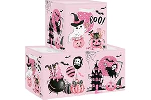 Clastyle 3 pcs Halloween Kids Cube Storage Unit Boxes Spooky Pumpkin Storage Baskets for Shelves Festival Nursery Hamper Basket Book Clothes Toy Box Organizer,Pink,11.8x11.8x11.8 in