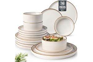 GBHOME Stoneware Dinner Sets for 6 People, 18 Pieces Reactive Glaze Handcrafted Plates and Bowls Set, Scratch Resistant Dinnerware Set, Dishwasher & Microwave Safe Crockery Set, Pearl White