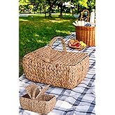 Deconox El Yapımı Su S&uuml;mb&uuml;l&uuml; Kapaklı B&uuml;y&uuml;k Boy Hasır &Ouml;rme Piknik Sepeti Dikd&ouml;rtgen - 46X30cm - 20-36cm